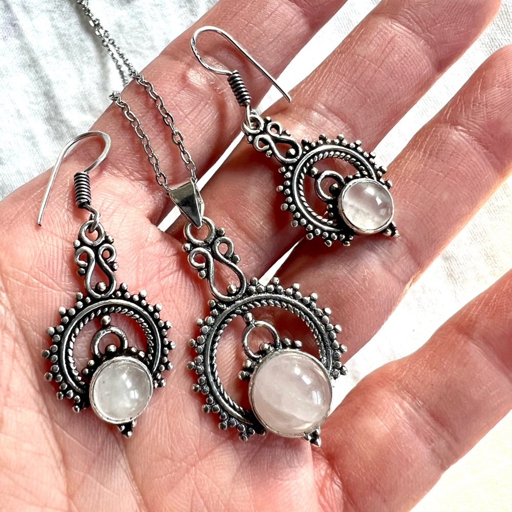 925 Ornamental Rose Quartz Earrings + Necklace SET